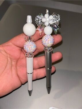 Hand Crafted White and Silver Beaded Decorative Pens